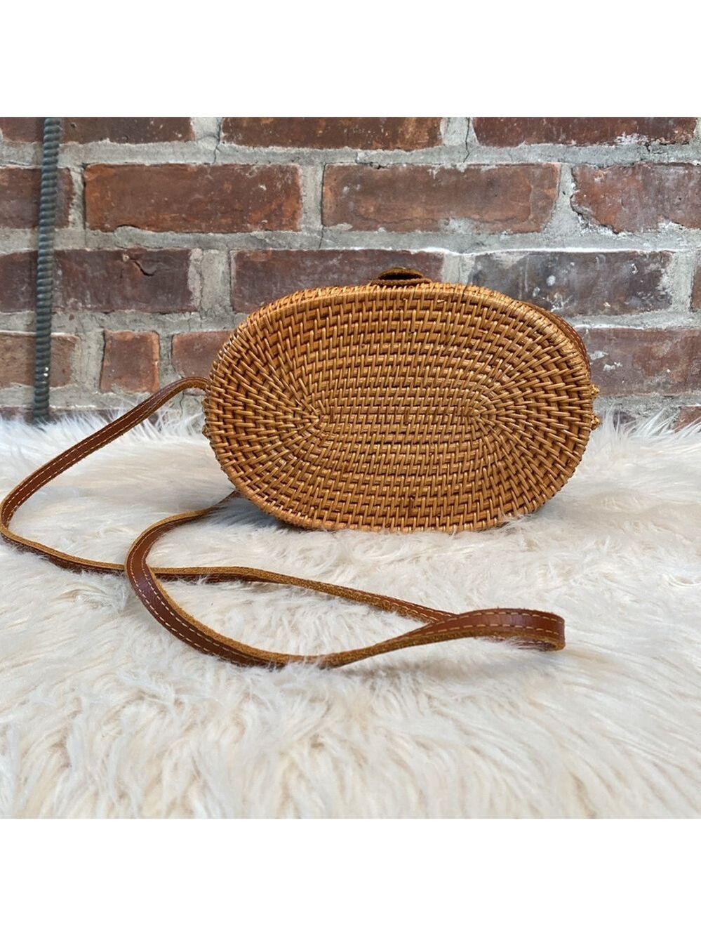 Oval Woven Rattan Bag with Long Leather Strap - Picture 3 of 16